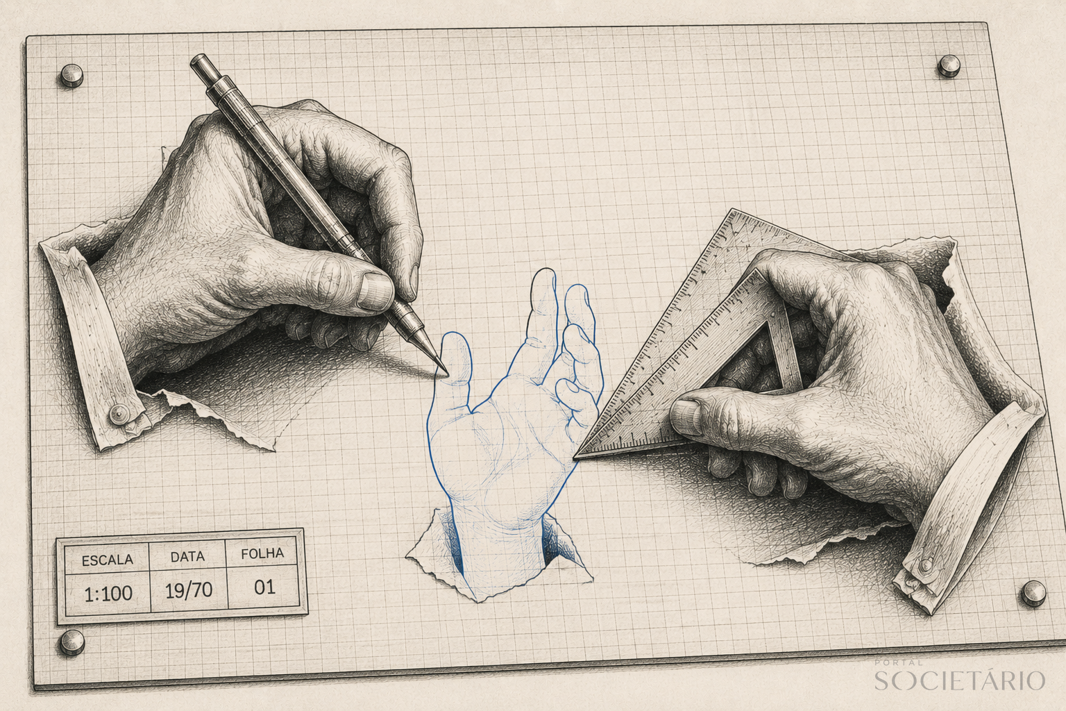 Ilustração: duas mãos com lapiseira e esquadro desenham uma terceira mão que atravessa o papel