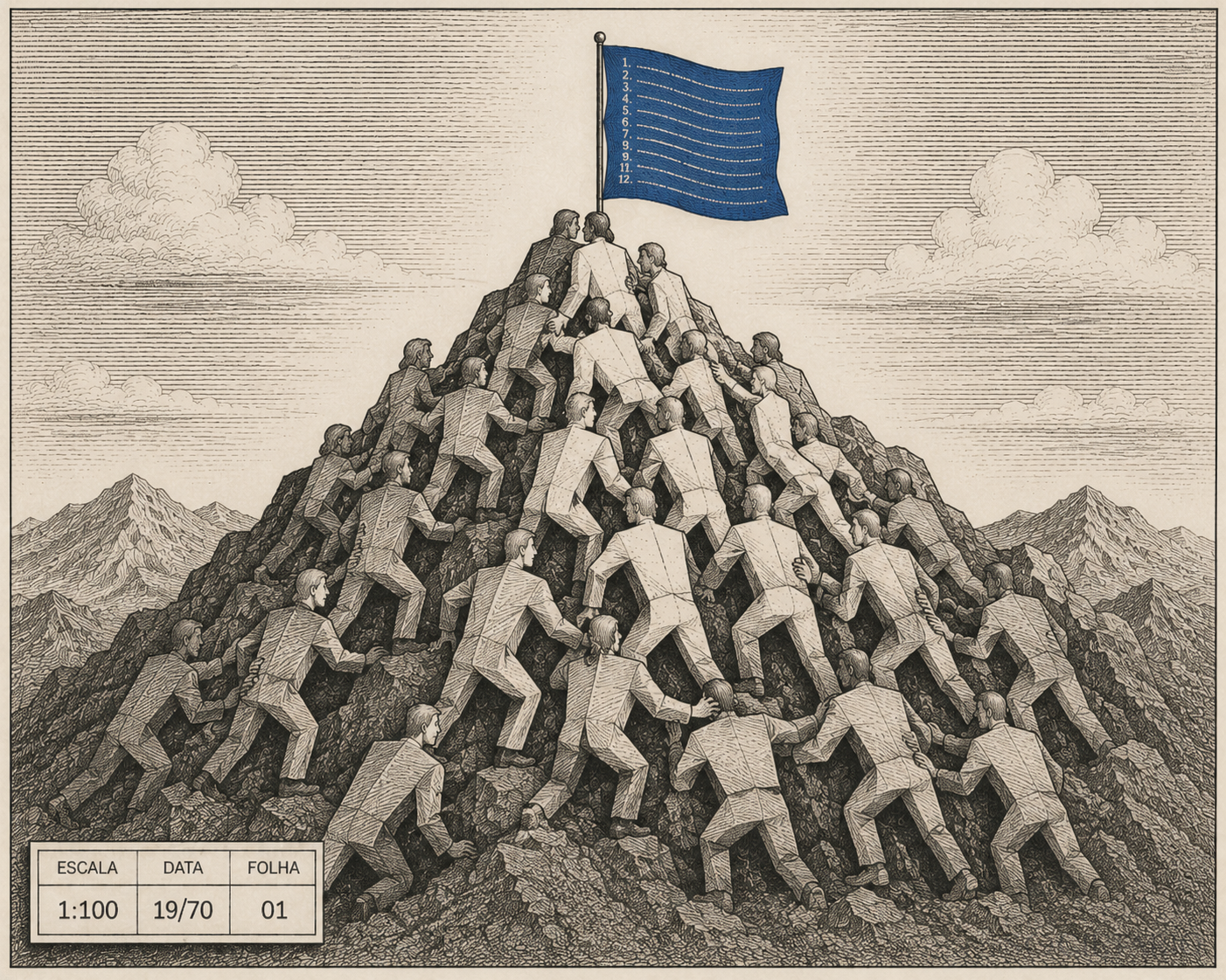 Ilustração: doze figuras encaixadas formam a montanha que escalam; no cume, a Carta como bandeira