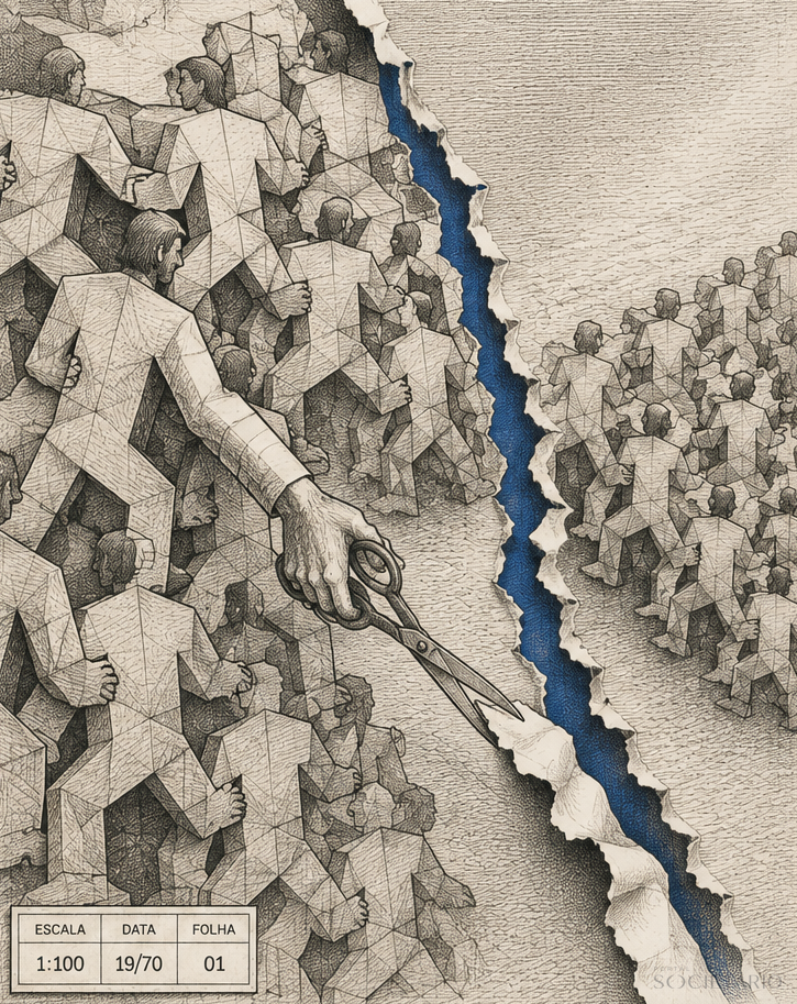 Ilustração: uma figura da própria trama corta o papel em que todos estão desenhados